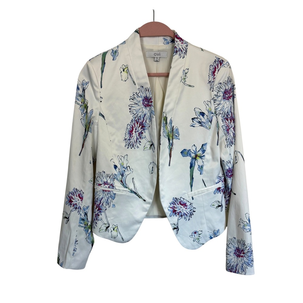 OVI Open Front Floral Satin Blazer Sz S Cottage Wedding Career Office Workwear